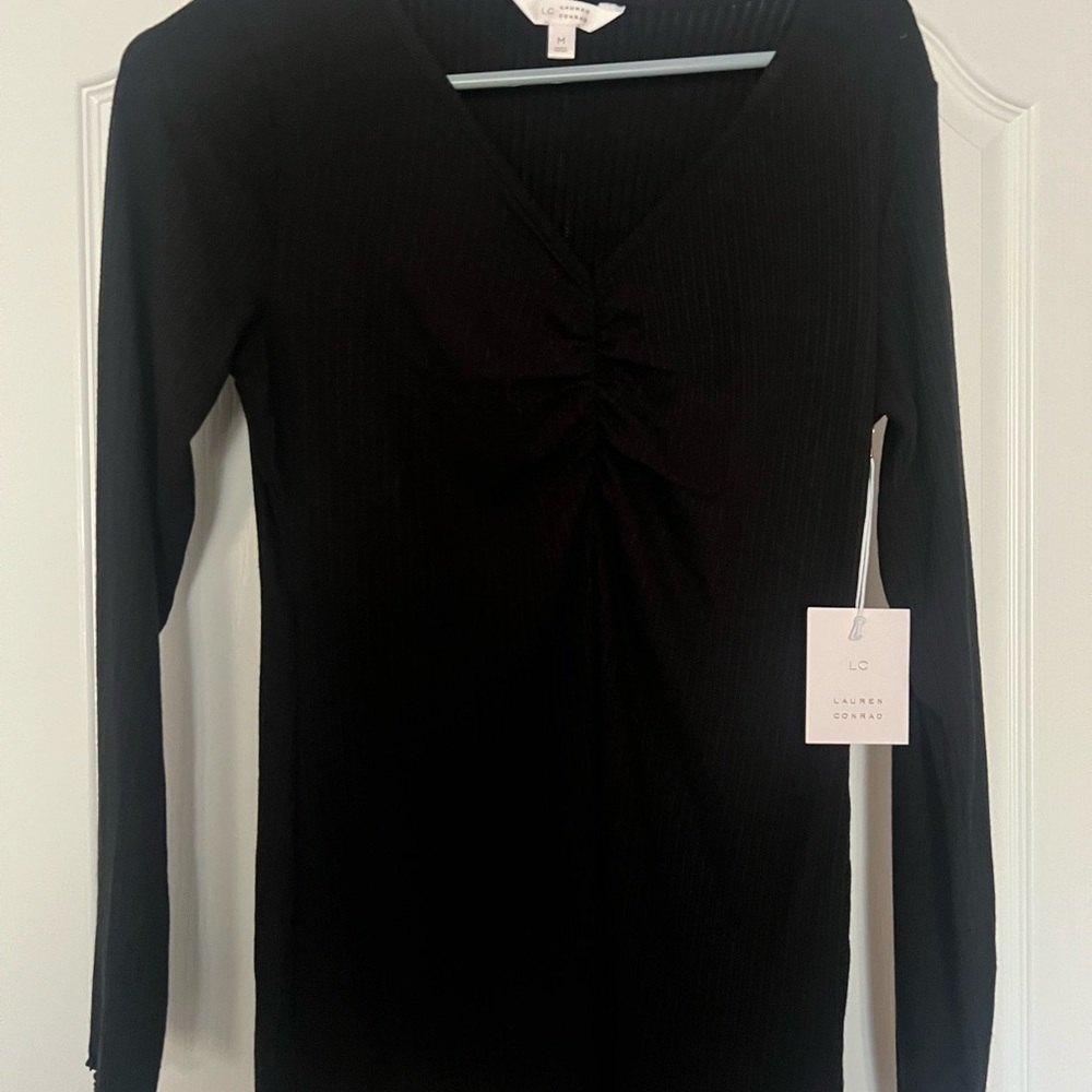 LC Lauren Conrad Black Gathered Long Sleeve Top